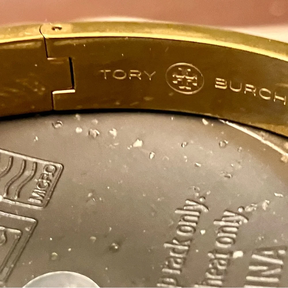 Tory Burch - 1/2” Black Leather Inlay Gold Hinged Bracelet - Picture 2 of 11
